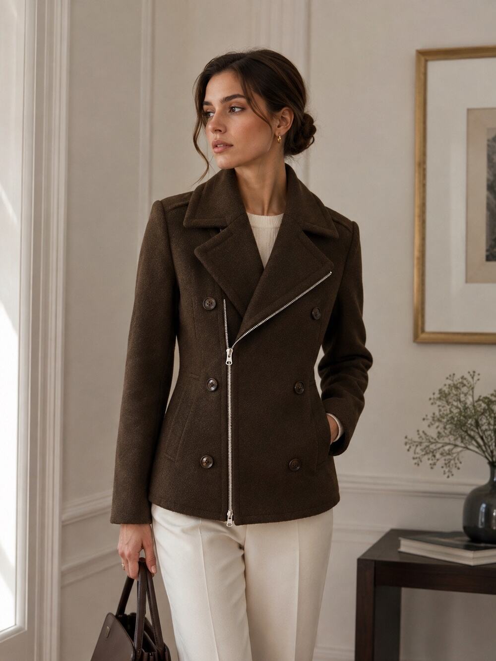 Zucca double breasted wool peacoat asymmetric full zip closure Brown SM  Japan
